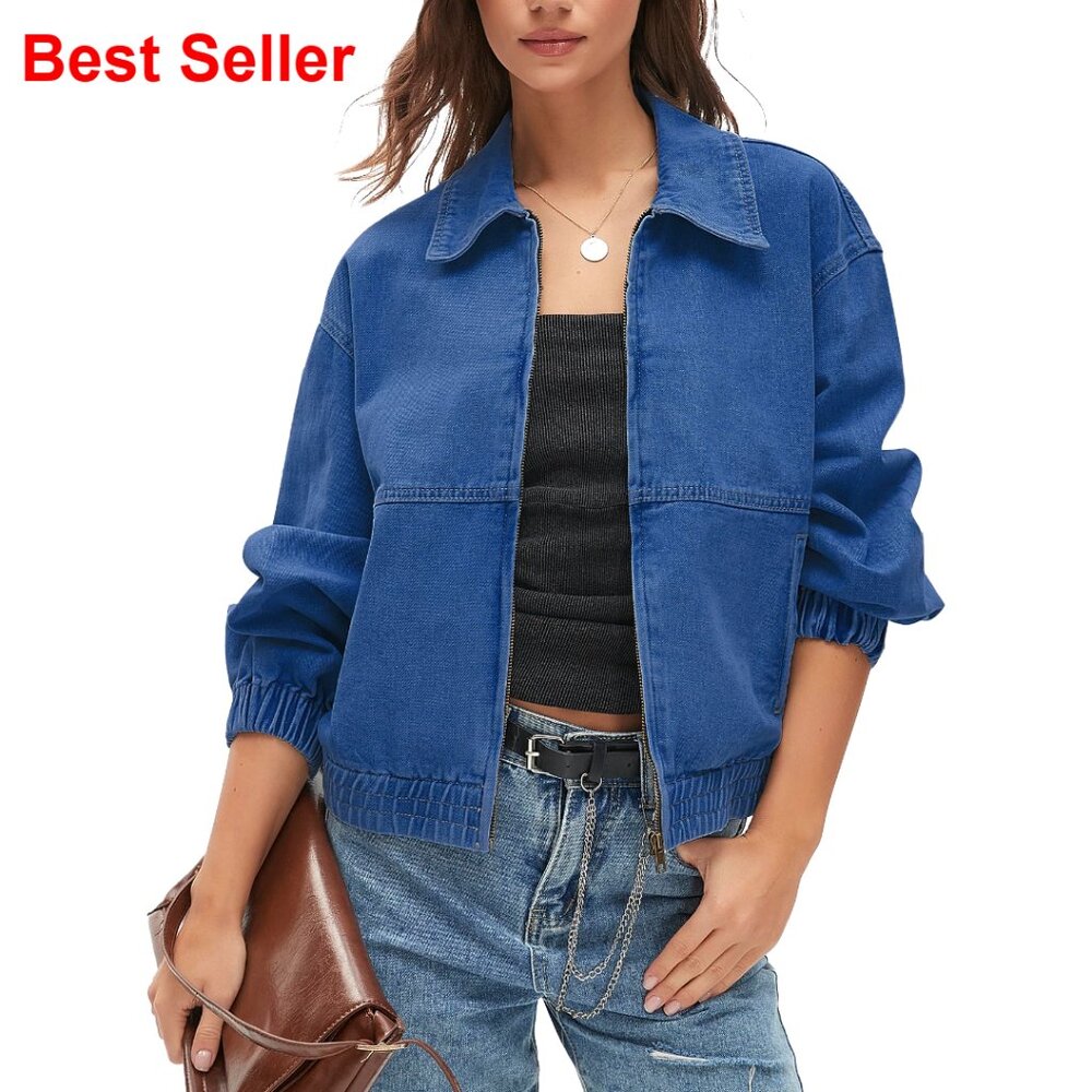 Denim Jacket Long Sleeve Zip Up Elastic Hem Loose Bomber Coat